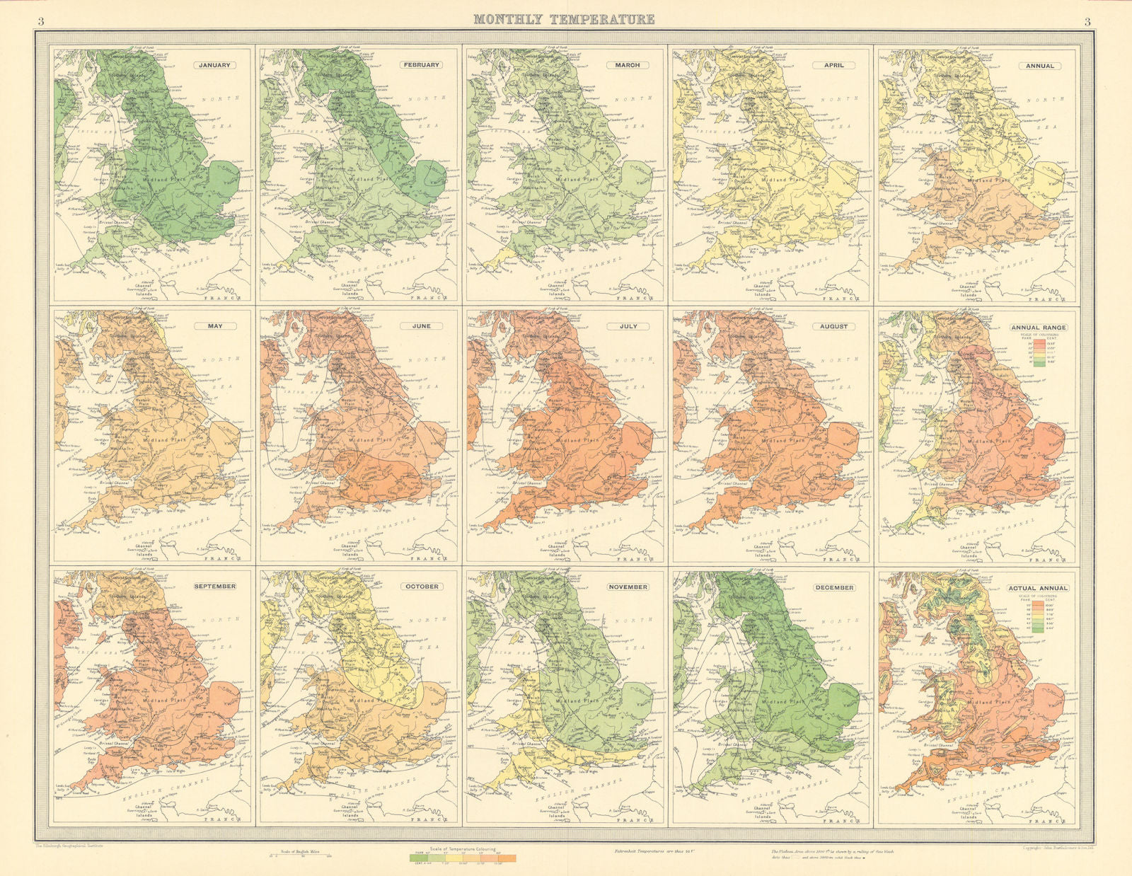 GREAT BRITAIN England and Wales Monthly & annual Temperatures. LARGE 1939 map